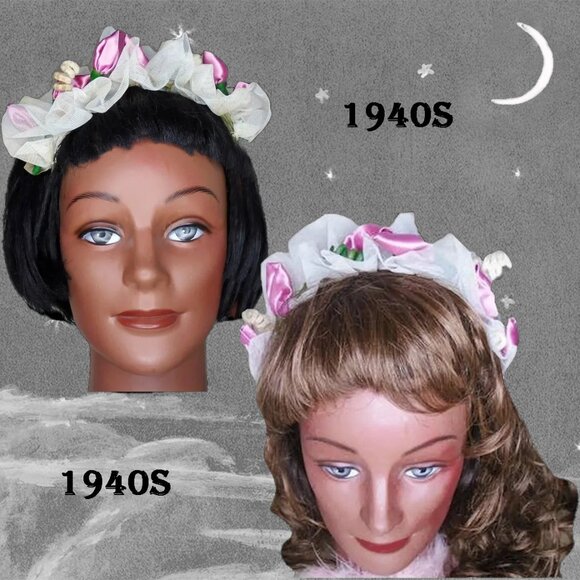 VTG 40s Floral Headbands Rosebud Headpieces Retro Bridesmaid 1940s Lot of 2 - Picture 1 of 14
